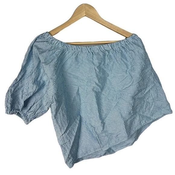 Loft Striped Linen Blend One Shoulder Blouse Size Medium Blue & White Women’s - Picture 5 of 10